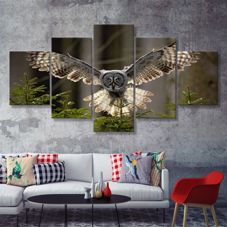 Owl in Forest Large 5 Piece Canvas Prints Wall Art Decor - Painting Canvas, Multi Panels
