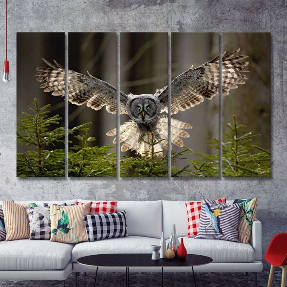 Owl in Forest Large 5 Piece B Canvas Prints Wall Art Decor - Painting Canvas, Multi Panels