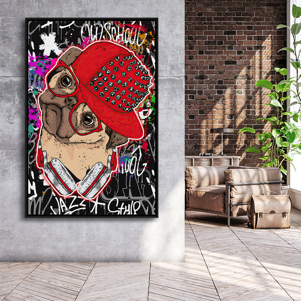 Puppy Hiphop Style Pet House Decor Framed Canvas Prints Wall Art Decor - Painting Canvas, Floating Frame, Framed Picture