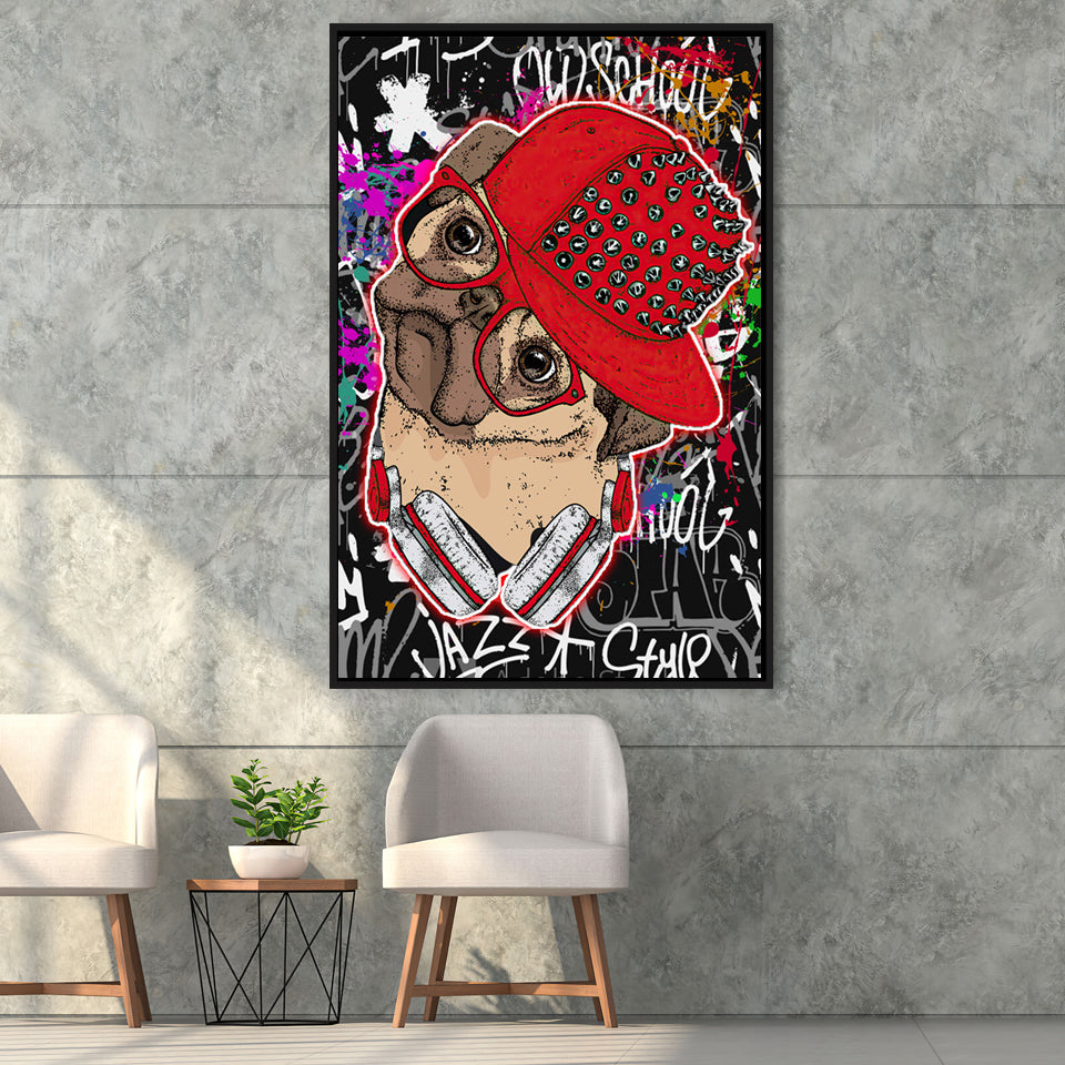 Puppy Hiphop Style Pet House Decor Framed Canvas Prints Wall Art Decor - Painting Canvas, Floating Frame, Framed Picture