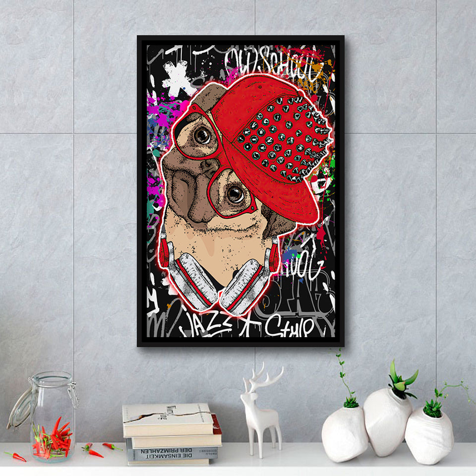 Puppy Hiphop Style Pet House Decor Framed Canvas Prints Wall Art Decor - Painting Canvas, Floating Frame, Framed Picture
