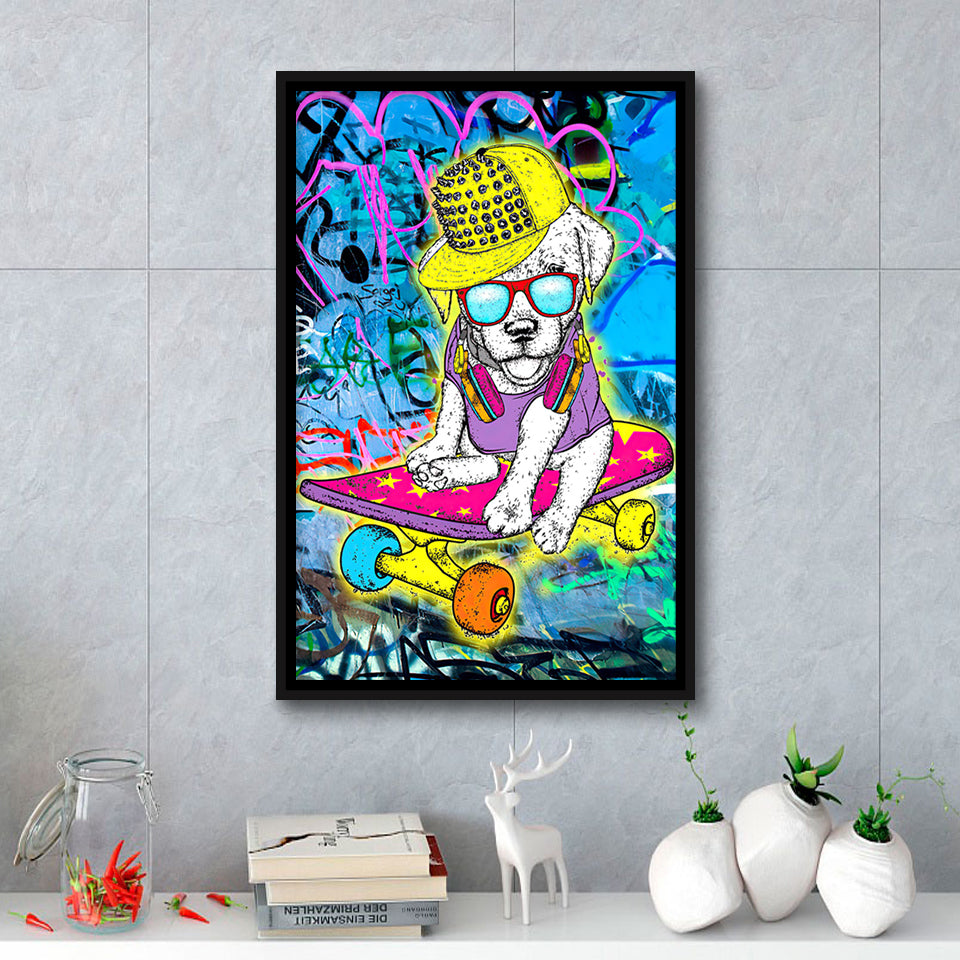 Puppy Skateboard Framed Canvas Prints Wall Art Decor - Painting Canvas, Floating Frame, Framed Picture