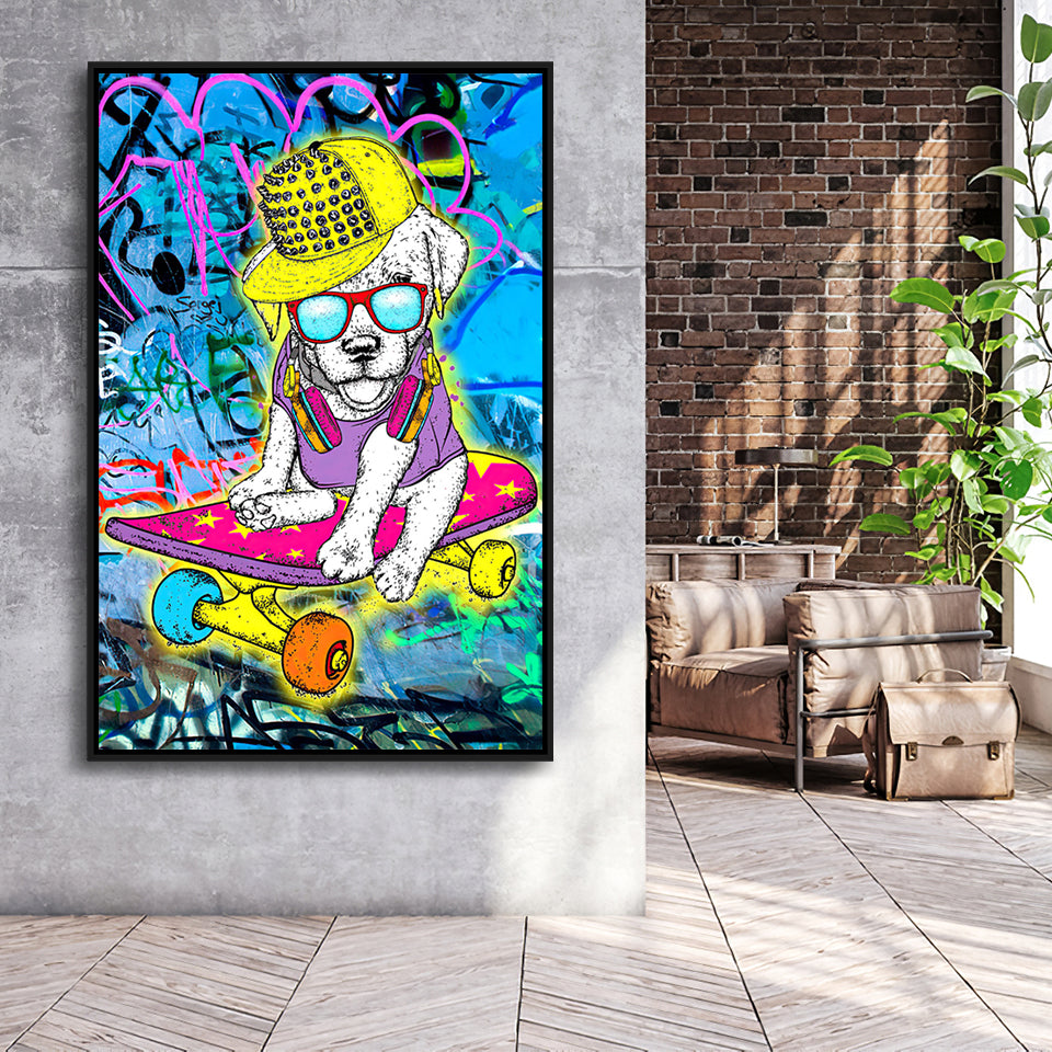 Puppy Skateboard Framed Canvas Prints Wall Art Decor - Painting Canvas, Floating Frame, Framed Picture