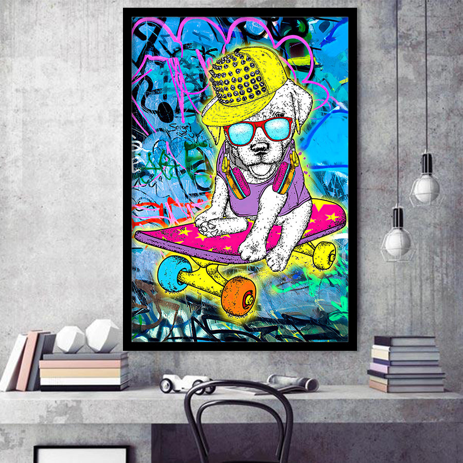 Puppy Skateboard Framed Art Print Wall Decor - Painting Art, Wall Art, Framed Picture, Black Frame