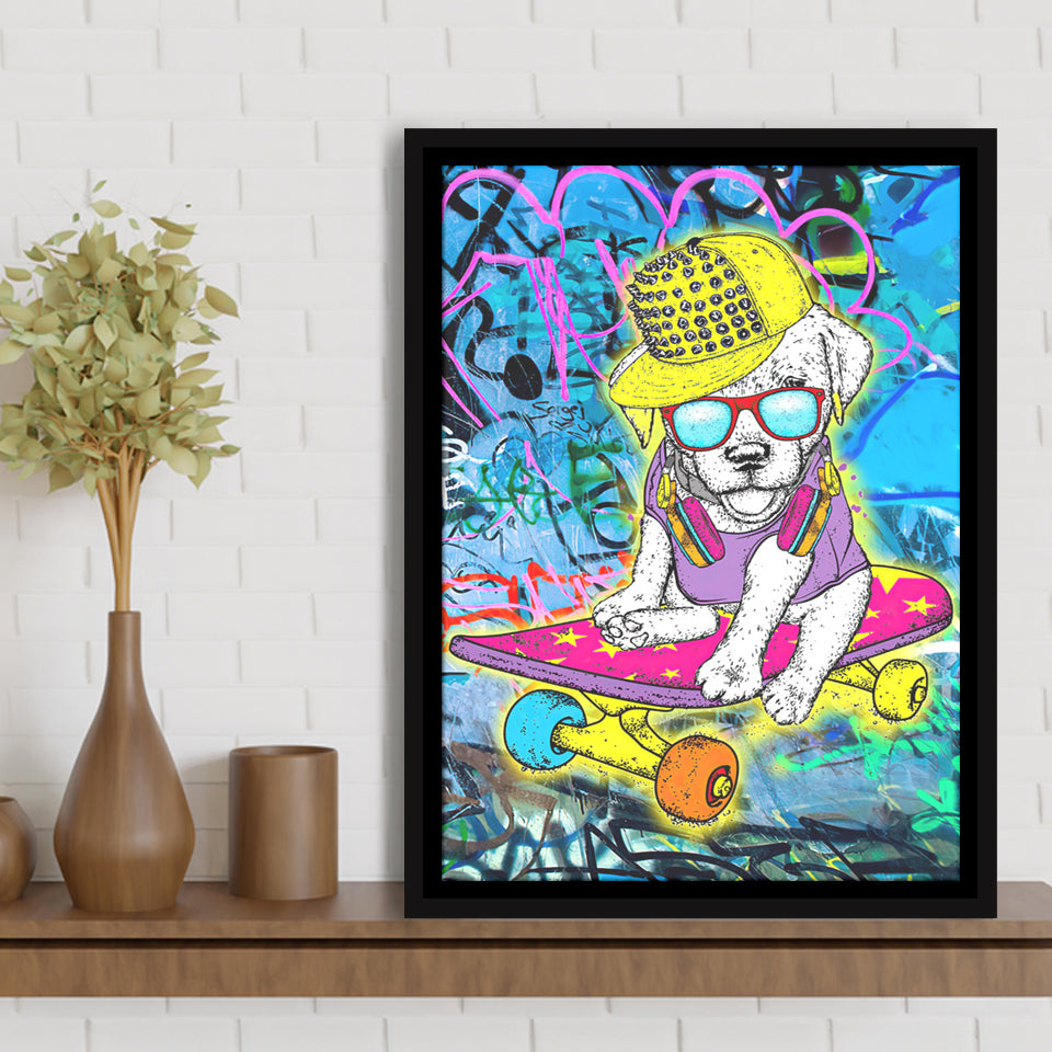 Puppy Skateboard Framed Canvas Prints Wall Art Decor - Painting Canvas, Floating Frame, Framed Picture