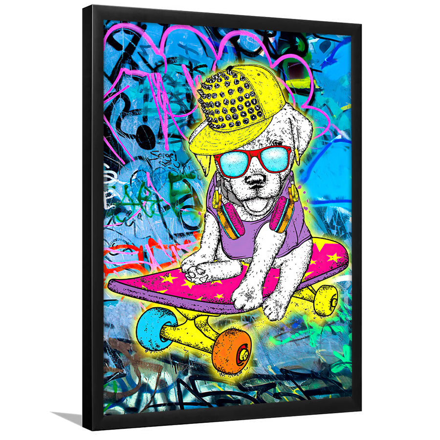 Puppy Skateboard Framed Art Print Wall Decor - Painting Art, Wall Art, Framed Picture, Black Frame