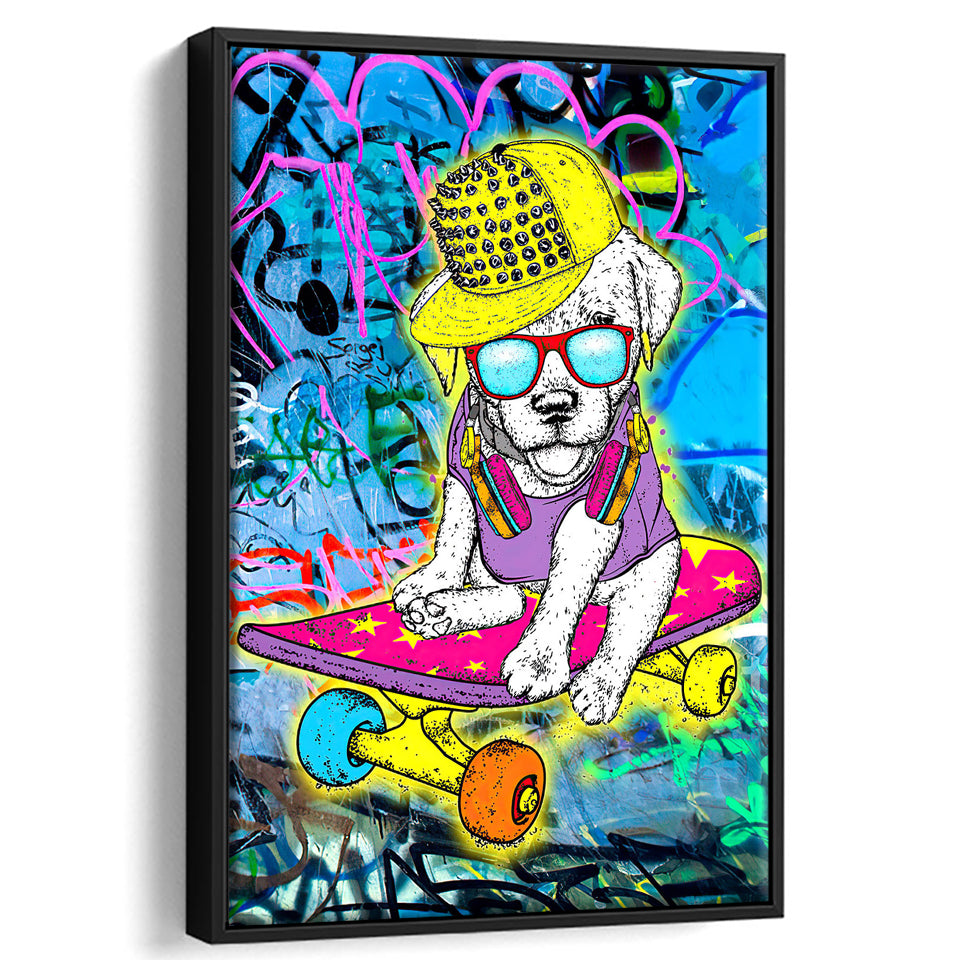 Puppy Skateboard Framed Canvas Prints Wall Art Decor - Painting Canvas, Floating Frame, Framed Picture