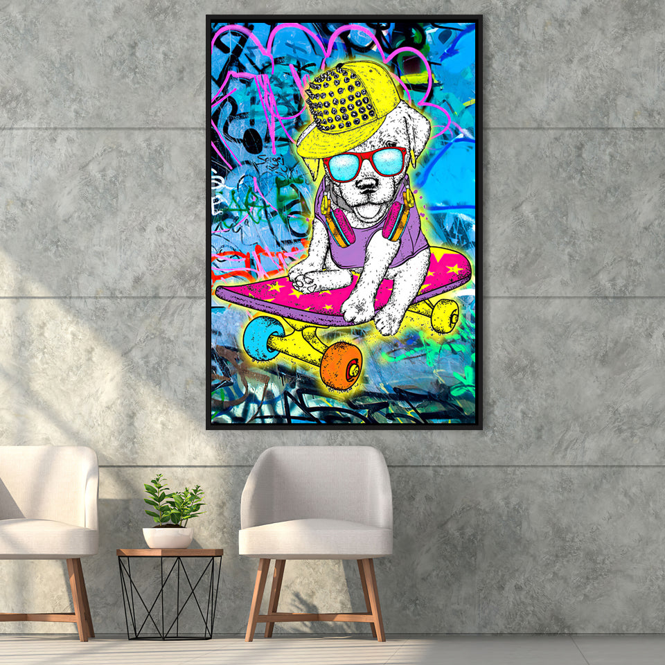 Puppy Skateboard Framed Canvas Prints Wall Art Decor - Painting Canvas, Floating Frame, Framed Picture