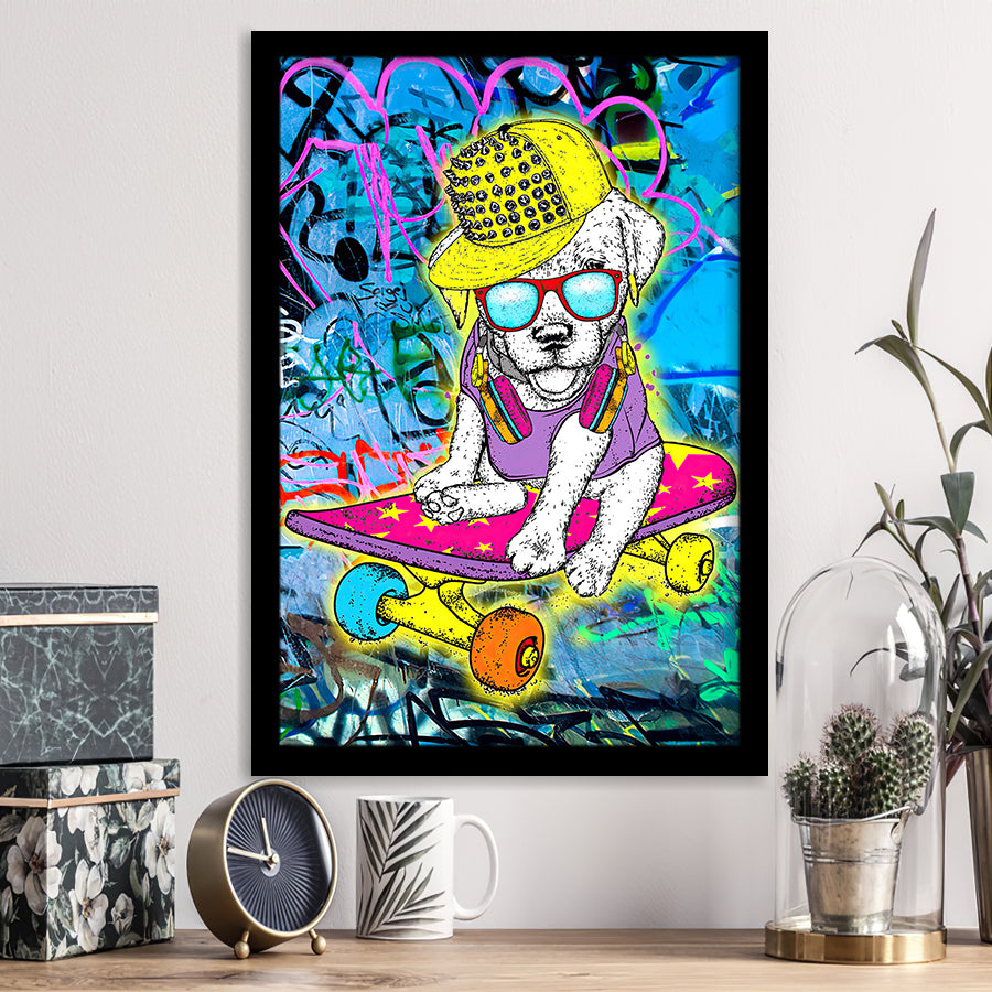Puppy Skateboard Framed Art Print Wall Decor - Painting Art, Wall Art, Framed Picture, Black Frame