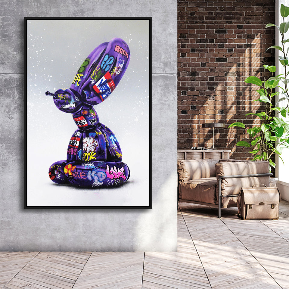 Purple Balloon Dog Graffiti Framed Canvas Prints Wall Art Decor - Painting Canvas, Floating Frame, Framed Picture