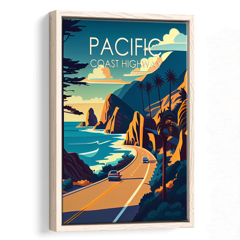 Pacific Coast Highway Retro Art Print, Large Canvas, Framed Canvas Print Wall Art Home Decor, Floating Frame