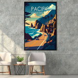 Pacific Coast Highway Retro Art Print, Large Canvas, Framed Canvas Print Wall Art Home Decor, Floating Frame