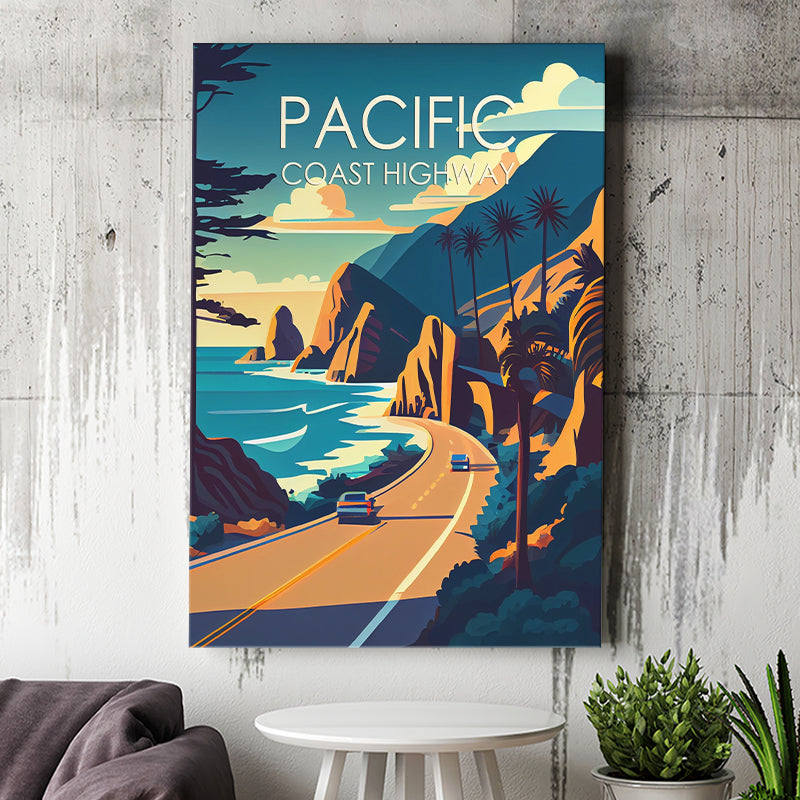 Pacific Coast Highway Retro Art Print ,City Art Print, Large Canvas, Canvas Print Wall Art Home Decor