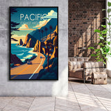 Pacific Coast Highway Retro Art Print, Large Canvas, Framed Canvas Print Wall Art Home Decor, Floating Frame