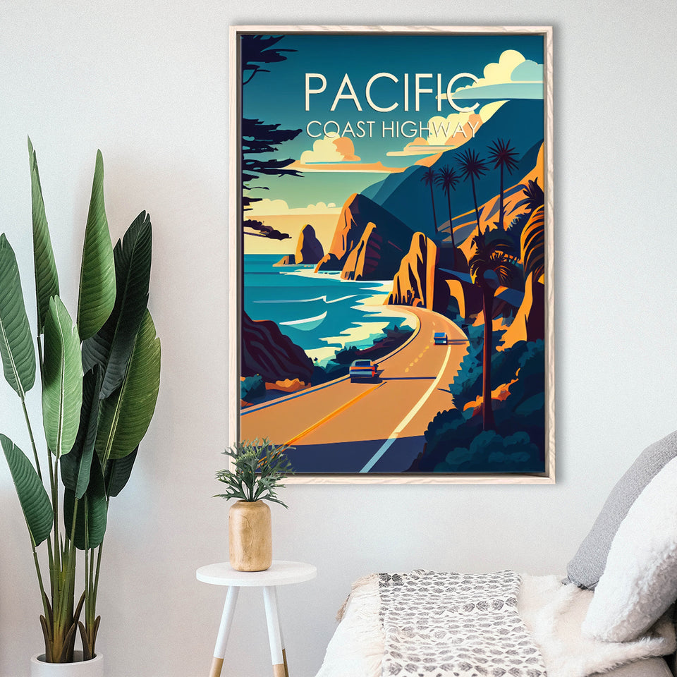 Pacific Coast Highway Retro Art Print, Large Canvas, Framed Canvas Print Wall Art Home Decor, Floating Frame