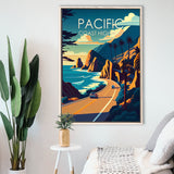 Pacific Coast Highway Retro Art Print, Large Canvas, Framed Canvas Print Wall Art Home Decor, Floating Frame