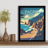 Pacific Coast Highway Retro Art Print, Large Canvas, Framed Canvas Print Wall Art Home Decor, Floating Frame