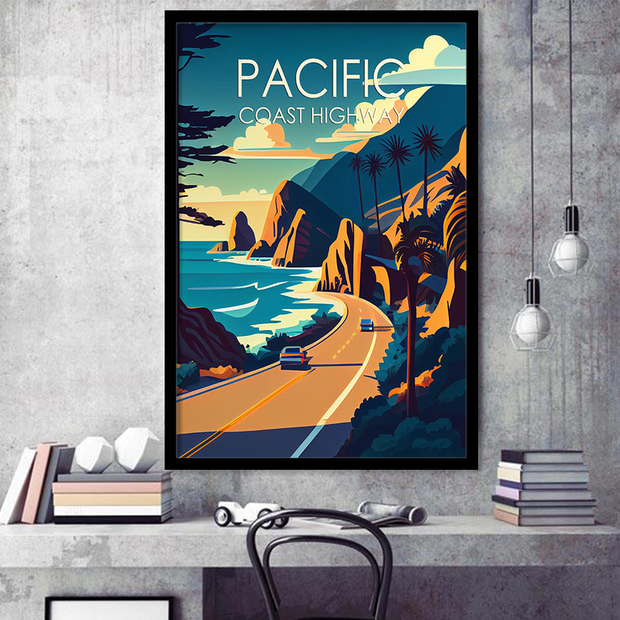 Pacific Coast Highway Retro Art Print, City Art Print, Framed Art Print Wall Art Home Decor, Framed Picture
