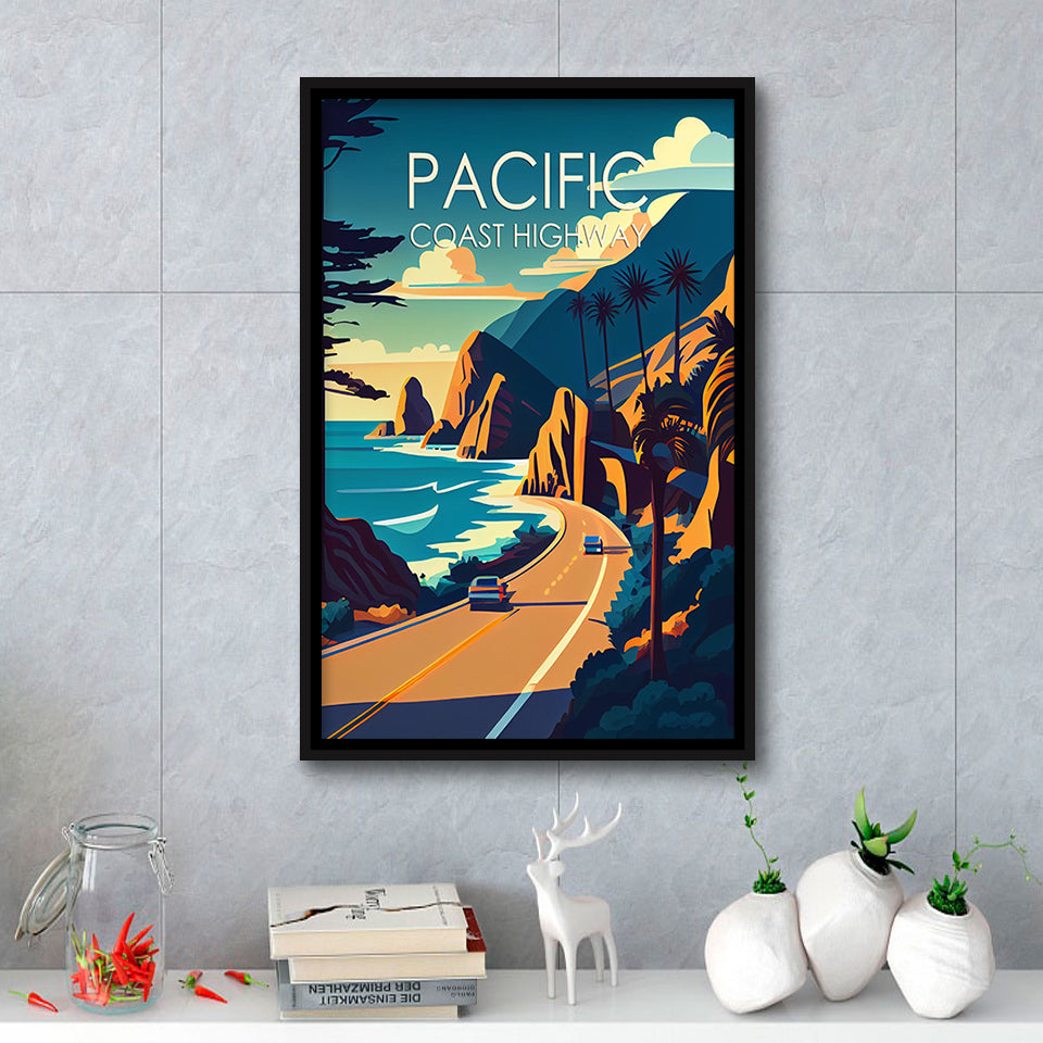Pacific Coast Highway Retro Art Print, Large Canvas, Framed Canvas Print Wall Art Home Decor, Floating Frame