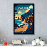 Pacific Coast Highway Retro Art Print, Large Canvas, Framed Canvas Print Wall Art Home Decor, Floating Frame