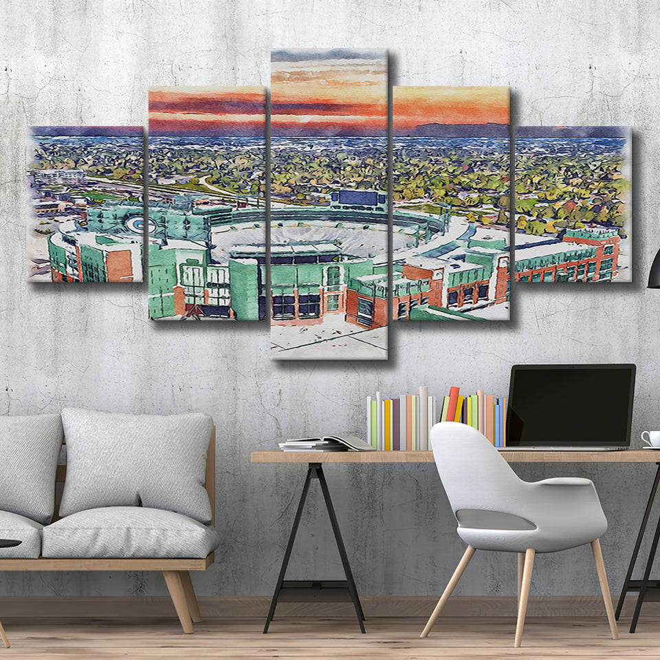 Packers Stadium Lambeau Field Watercolor, 5 Pieces, Multi Panel Canvas Prints Wall Art Decor