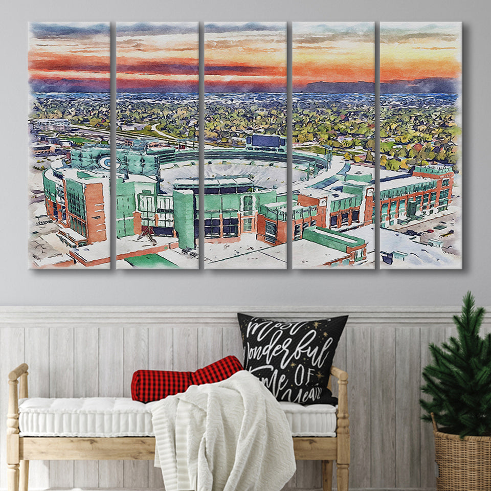 Packers Stadium Lambeau Field Watercolor, 5 Pieces B, Multi Panel Canvas Prints Wall Art Decor