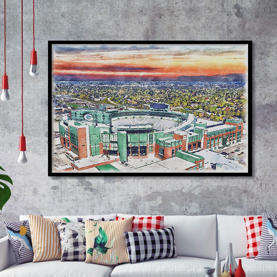 Packers Stadium Lambeau Field Watercolor, Sport Prints Fan Gift, Framed Art Prints Wall Art Decor