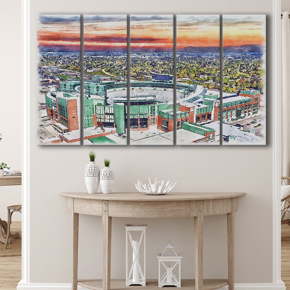 Packers Stadium Lambeau Field Watercolor, 5 Pieces B, Multi Panel Canvas Prints Wall Art Decor