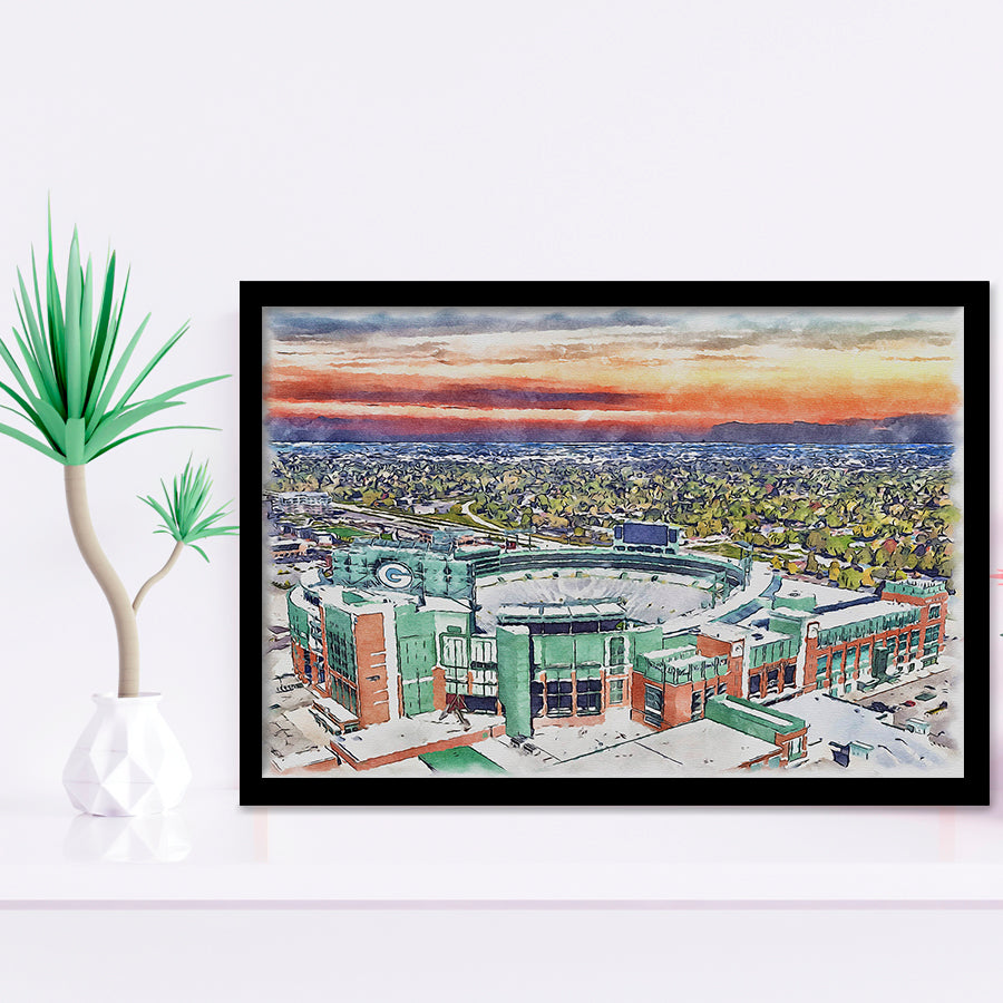 Packers Stadium Lambeau Field Watercolor, Sport Prints Fan Gift, Framed Art Prints Wall Art Decor