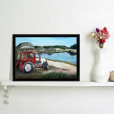 Painting With Tractor And Lake Canvas Wall Art - Canvas Print, Framed Canvas, Painting Canvas