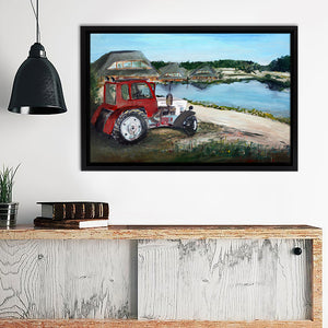 Painting With Tractor And Lake Canvas Wall Art - Canvas Print, Framed Canvas, Painting Canvas