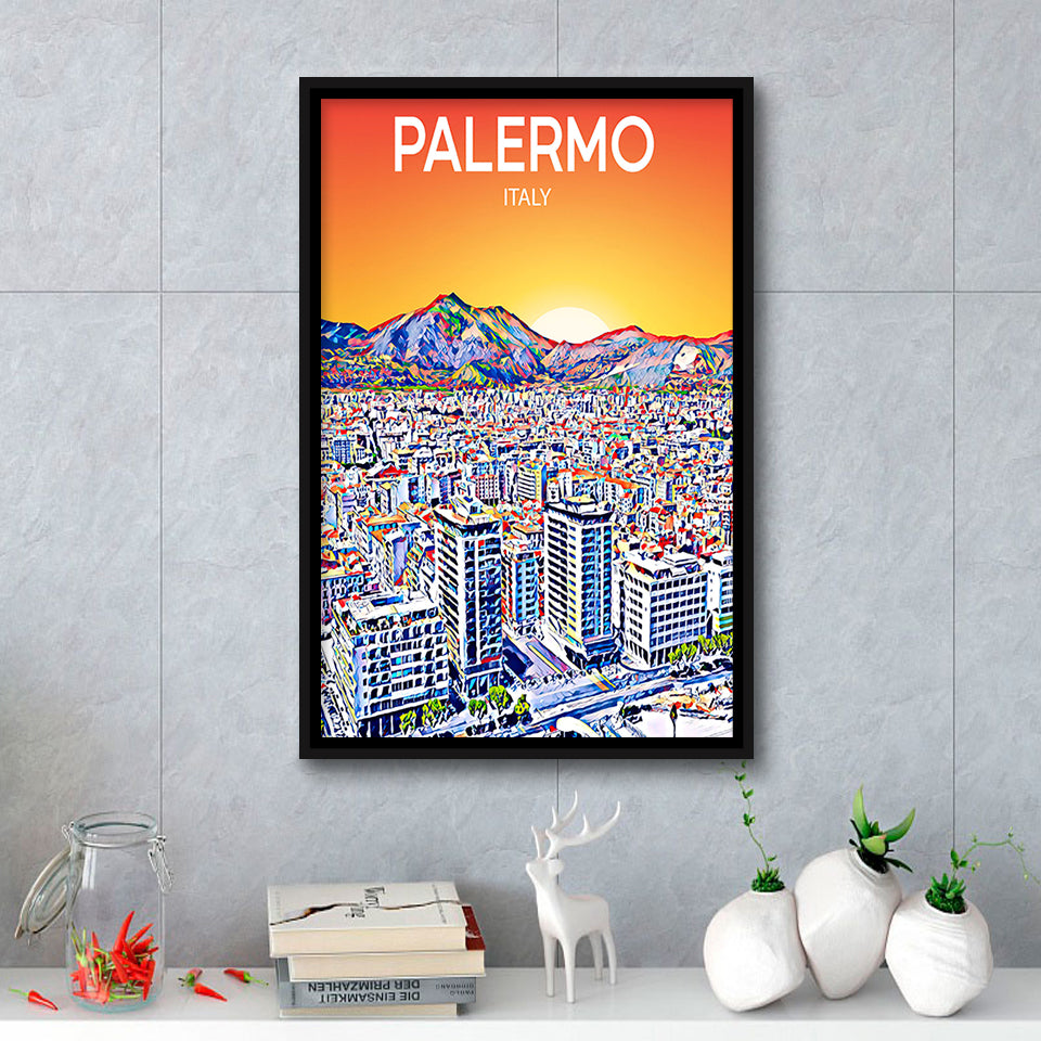 Palermo Italy Art Sunset Art Print, Large Canvas, Framed Canvas Print Wall Art Home Decor, Floating Frame