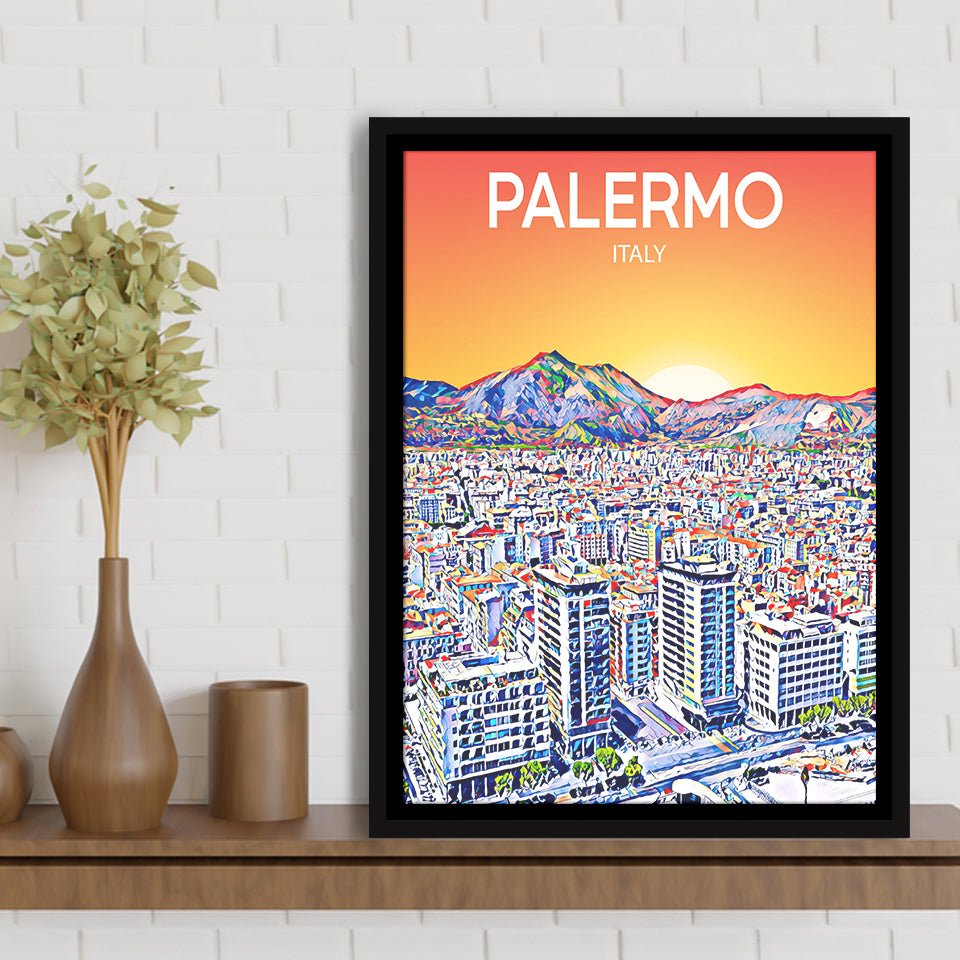 Palermo Italy Art Sunset Art Print, Large Canvas, Framed Canvas Print Wall Art Home Decor, Floating Frame