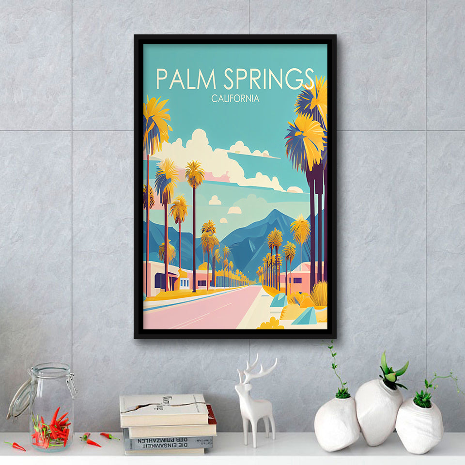 Palm Springs California Retro Art Print, Large Canvas, Framed Canvas Print Wall Art Home Decor, Floating Frame