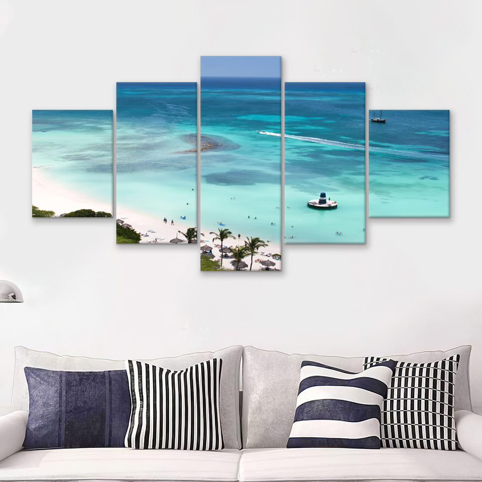 Palm beach on Aruba island 5 Pieces Canvas Prints Wall Art - Painting Canvas, Multi Panels, Wall Decor