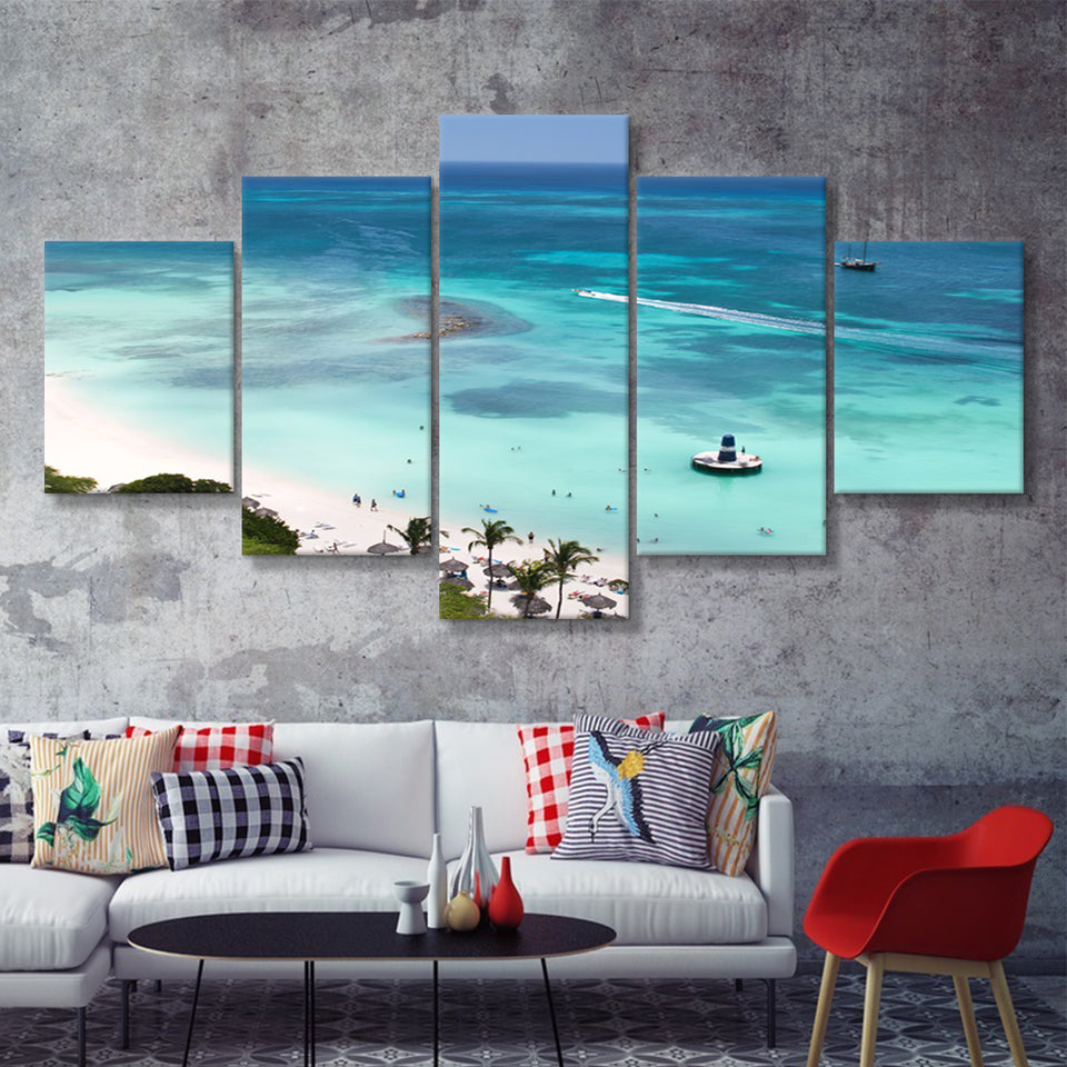 Palm beach on Aruba island 5 Pieces Canvas Prints Wall Art - Painting Canvas, Multi Panels, Wall Decor