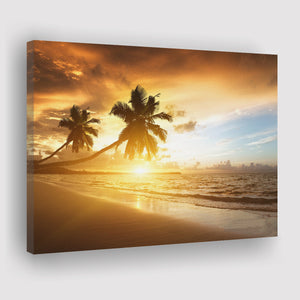 Palm Trees In The Ocean Beach At Sunset Canvas Prints Wall Art - Painting Canvas, Home Wall Decor, Painting Prints, For Sale