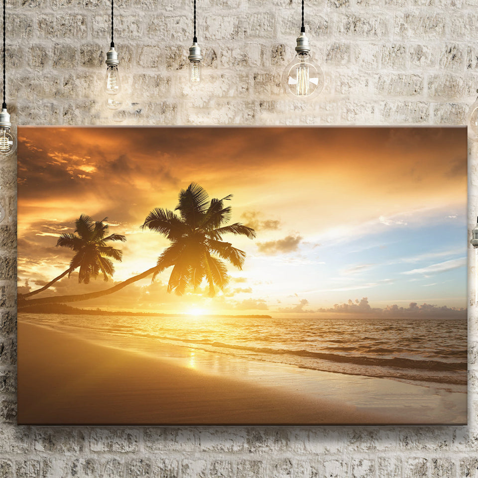 Palm Trees In The Ocean Beach At Sunset Canvas Prints Wall Art - Painting Canvas, Home Wall Decor, Painting Prints, For Sale