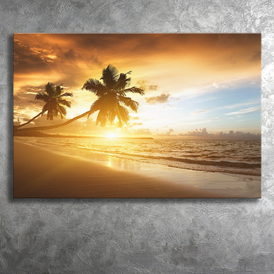 Palm Trees In The Ocean Beach At Sunset Canvas Prints Wall Art - Painting Canvas, Home Wall Decor, Painting Prints, For Sale