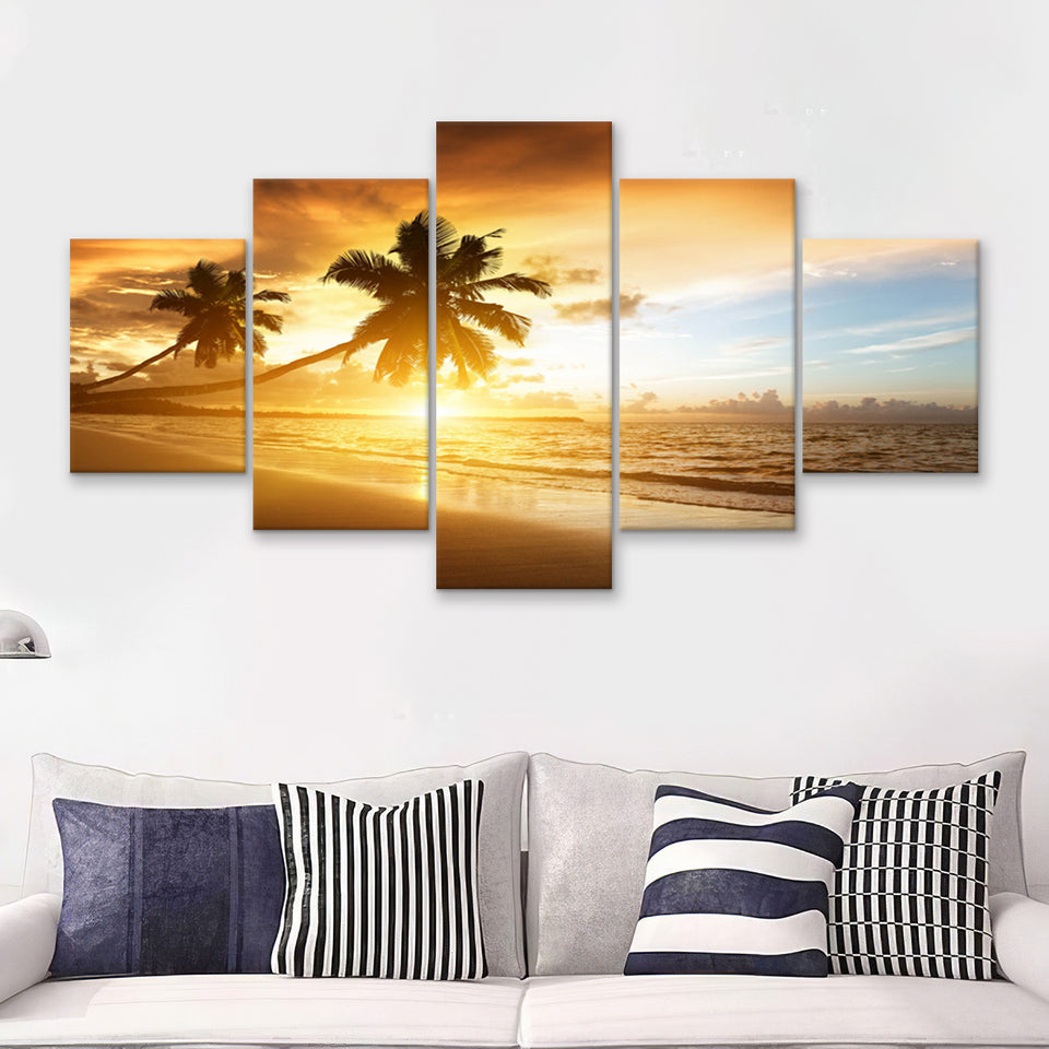 Palm Trees In The Ocean Beach At Sunset  5 Pieces Canvas Prints Wall Art - Painting Canvas, Multi Panels, 5 Panel, Wall Decor