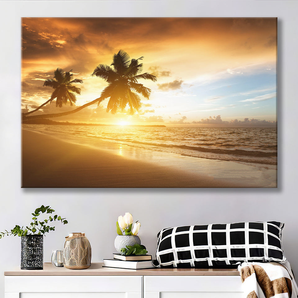 Palm Trees In The Ocean Beach At Sunset Canvas Prints Wall Art - Painting Canvas, Home Wall Decor, Painting Prints, For Sale