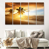 Palm Trees In The Ocean Beach At Sunset 5 Pieces B Canvas Prints Wall Art - Painting Canvas, Multi Panels,5 Panel, Wall Decor