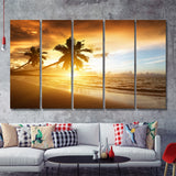 Palm Trees In The Ocean Beach At Sunset 5 Pieces B Canvas Prints Wall Art - Painting Canvas, Multi Panels,5 Panel, Wall Decor