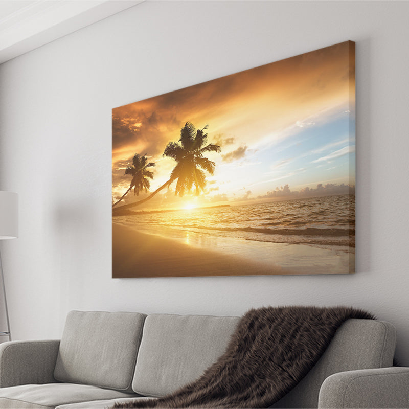 Palm Trees In The Ocean Beach At Sunset Canvas Prints Wall Art - Painting Canvas, Home Wall Decor, Painting Prints, For Sale