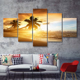 Palm Trees In The Ocean Beach At Sunset  5 Pieces Canvas Prints Wall Art - Painting Canvas, Multi Panels, 5 Panel, Wall Decor