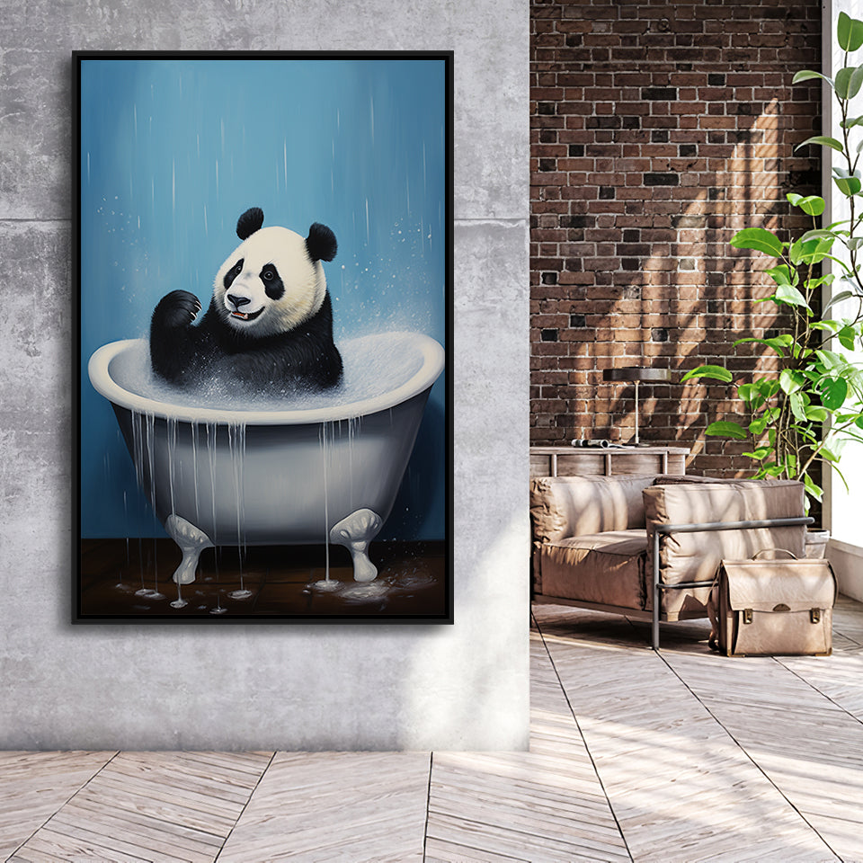 Panda In Bathtube Bathroom Art Funny Panda Painting V2,Framed Canvas Prints,Floating Frame, Wall Art Home Decor
