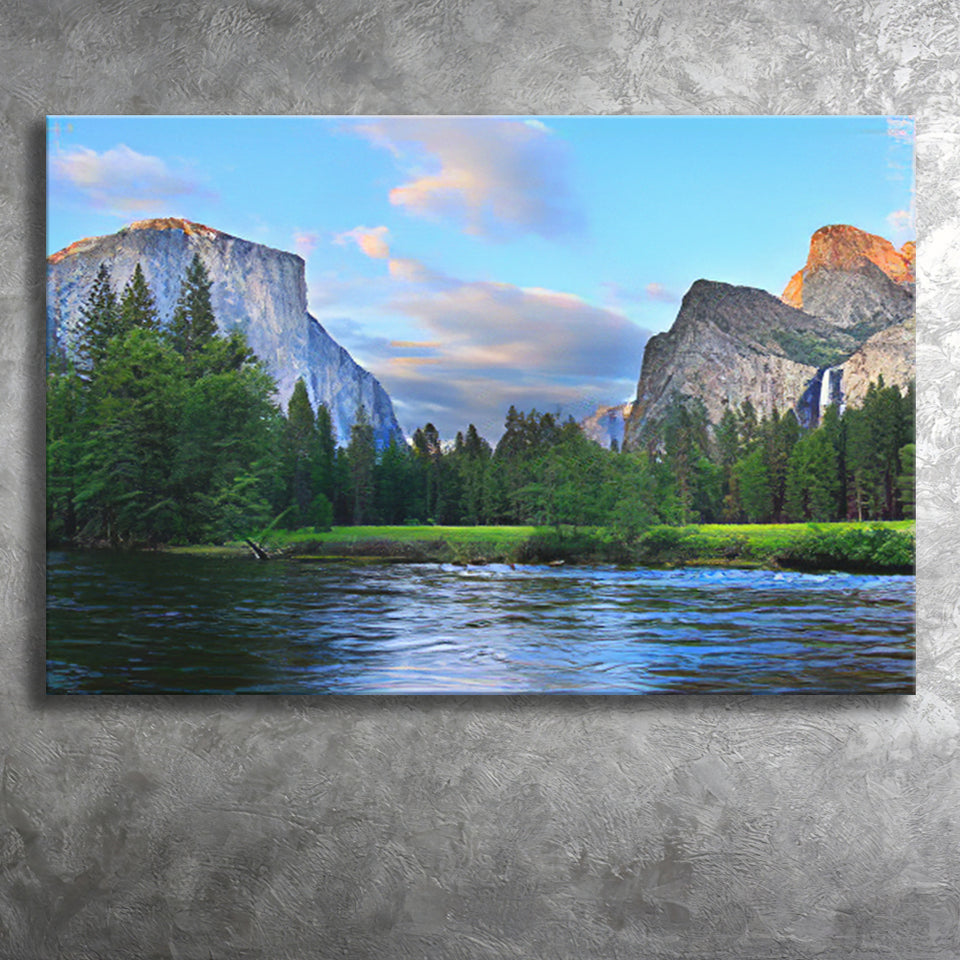 Panorama of the Yosemite Valley at the Merced River Canvas Prints Wall Art - Painting Canvas, Wall Decor, Home Decor, Prints for Sale