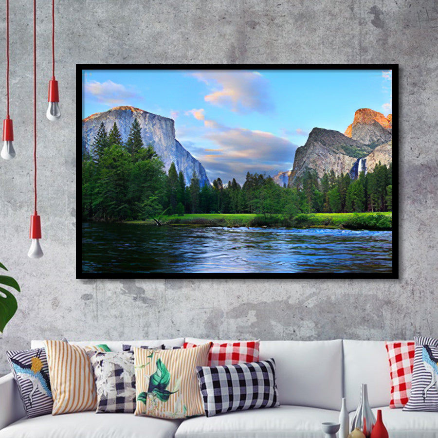 Panorama of the Yosemite Valley at the Merced River Framed Art Prints Wall Decor - Painting Art, Wall Art, Home Decor