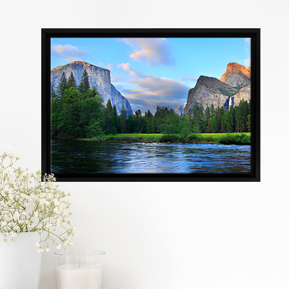 Panorama of the Yosemite Valley at the Merced River Framed Canvas Prints Wall Art - Painting Canvas, Wall Decor, Home Decor