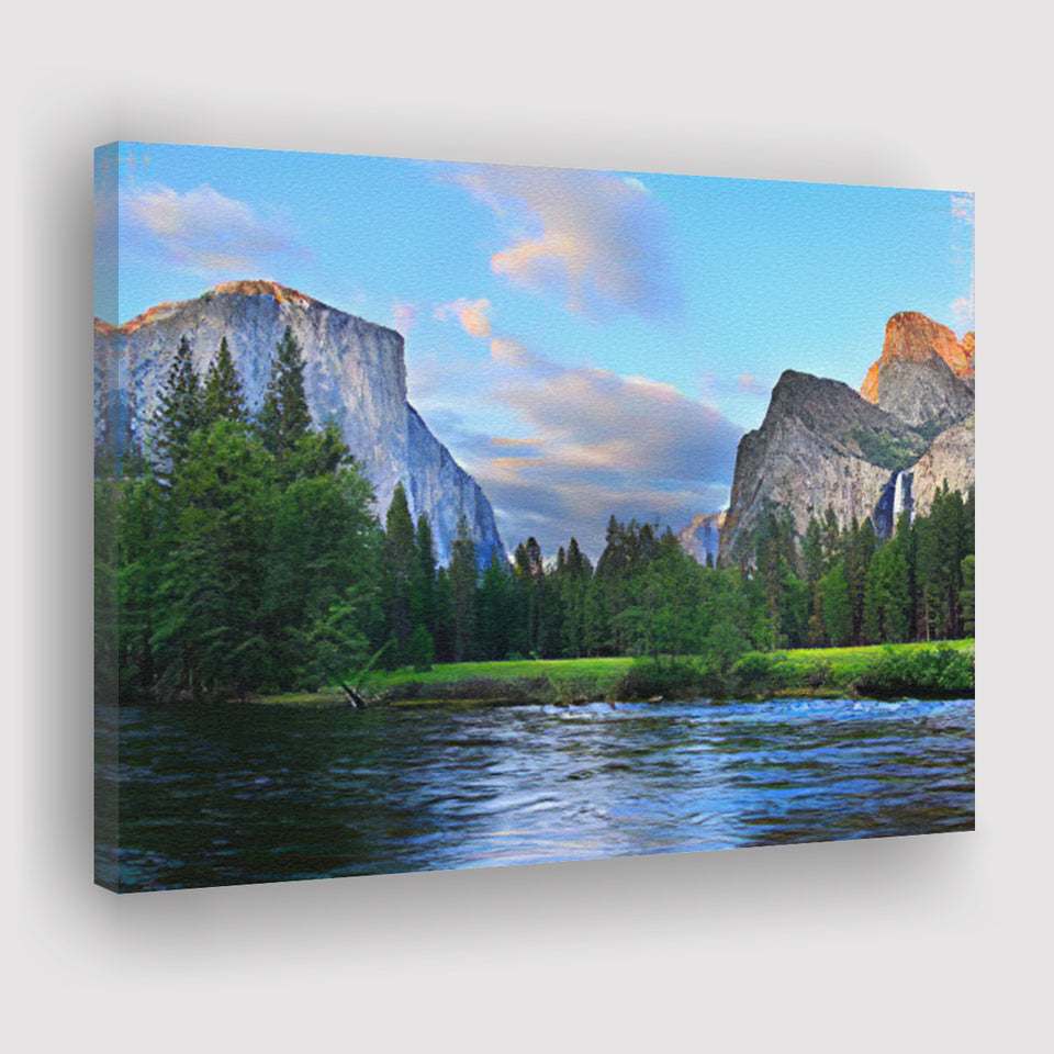 Panorama of the Yosemite Valley at the Merced River Canvas Prints Wall Art - Painting Canvas, Wall Decor, Home Decor, Prints for Sale